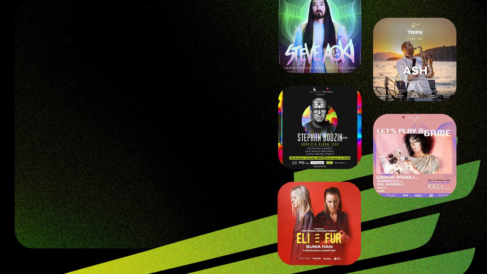 Recent bookings including Steve Aoki, ASH, Stephan Bodzin, Giorgia Angiuli and Eli & Fur